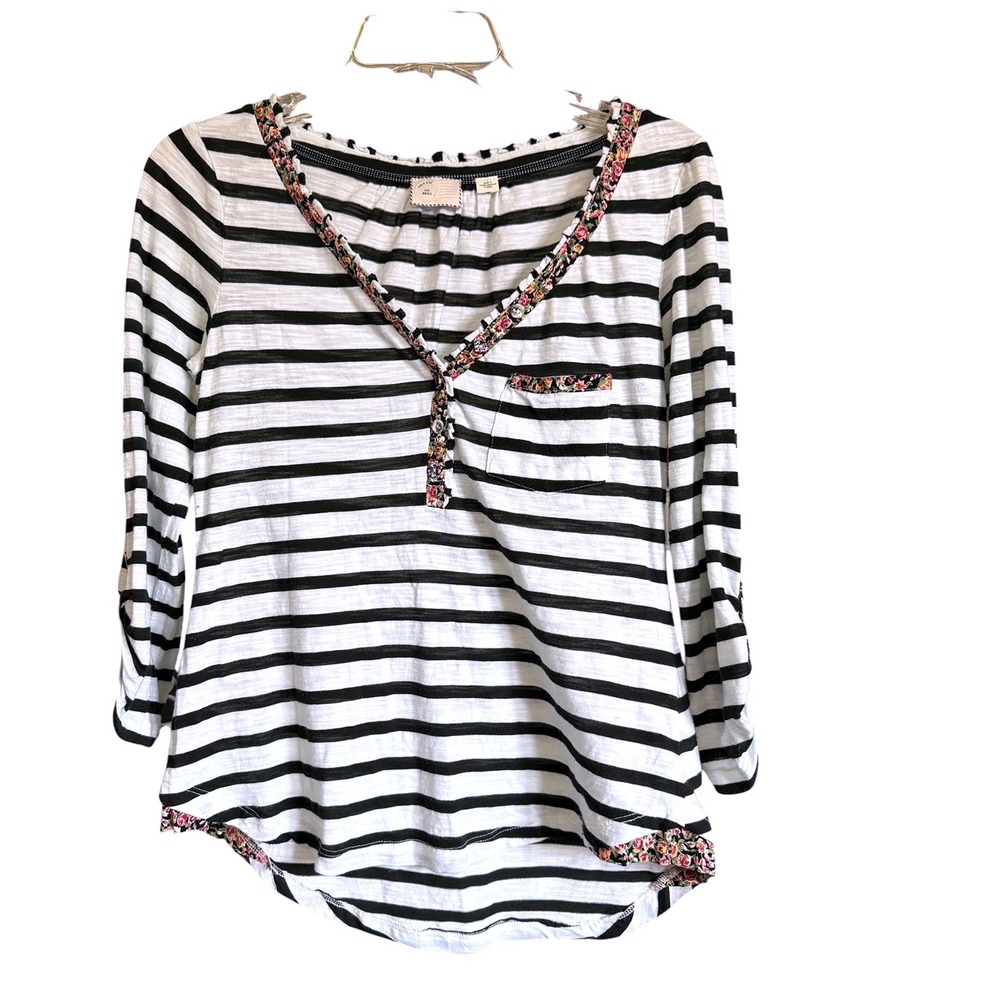 Anthropologie Postmark Henley Top Womens Small Black White Striped Floral Trim